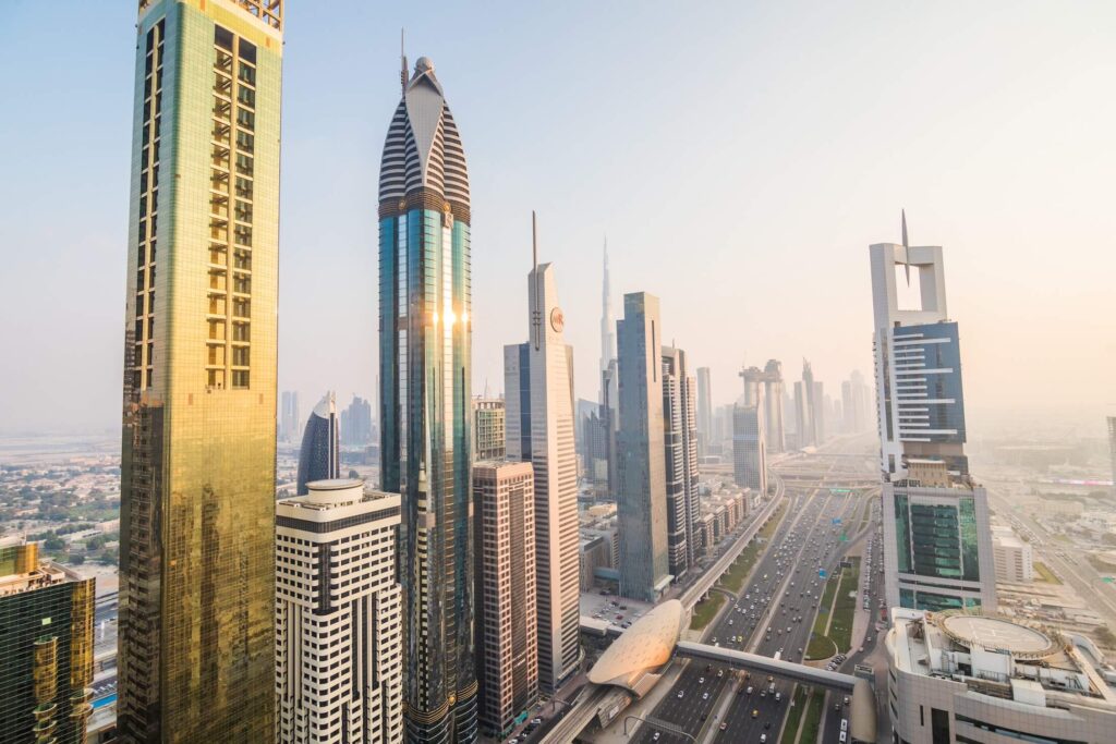 Bird-view of Dubai with skyscrapers.