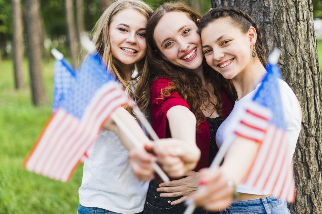 Girls Front Tree with-American flags